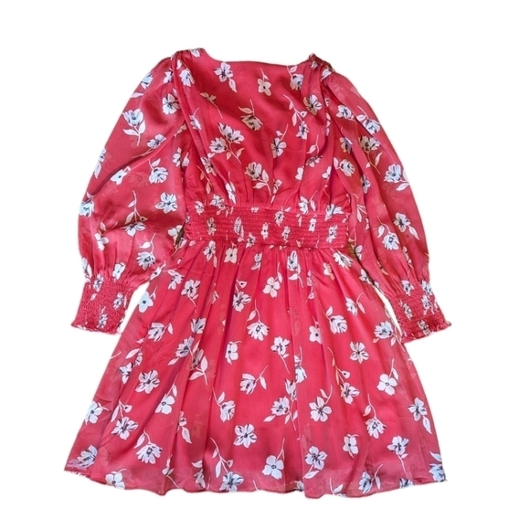 Lush red floral plunging v neck chiffon fairy smocked Cherry Girl dress NWT sz S - Picture 7 of 8